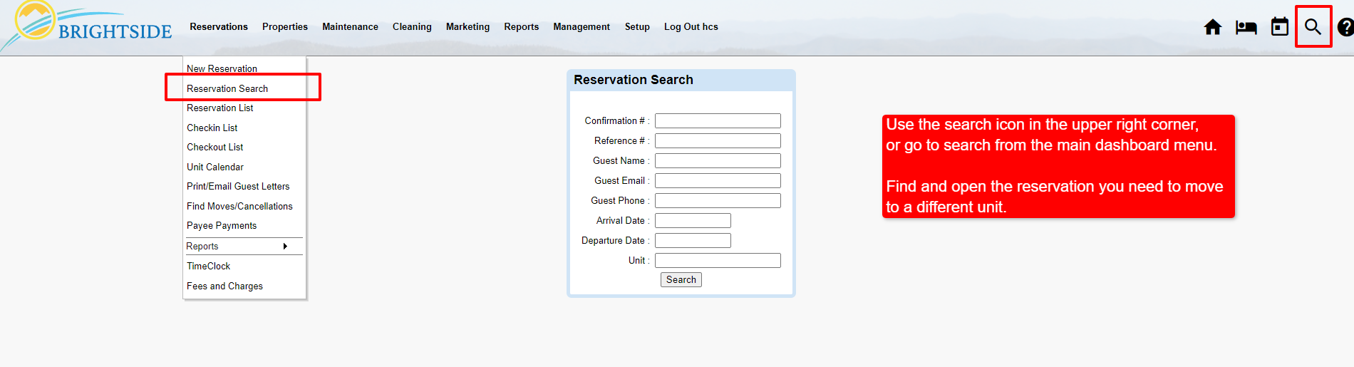 Image with details for how to search for a reservation